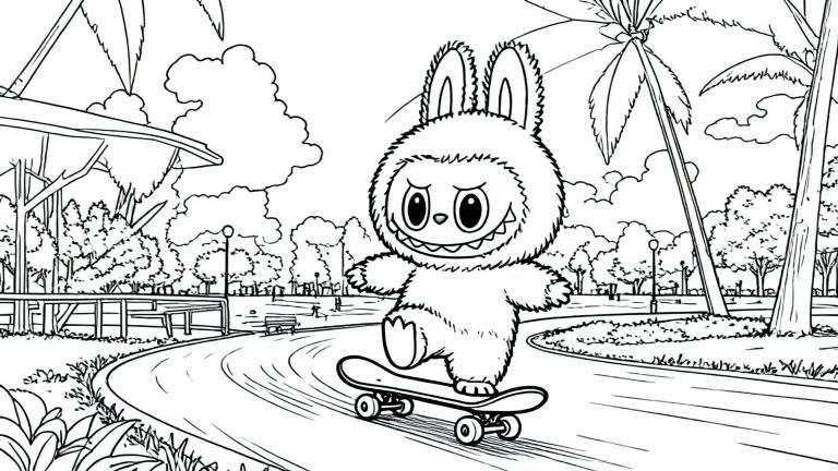Zwart-wit kleurplaat van Labubu, een pluizig konijnachtig wezentje met lange oren, een brede glimlach, en een harig pak, skateboardend door een park met veel bomen, palmbomen, bankjes en lantaarnpalen.