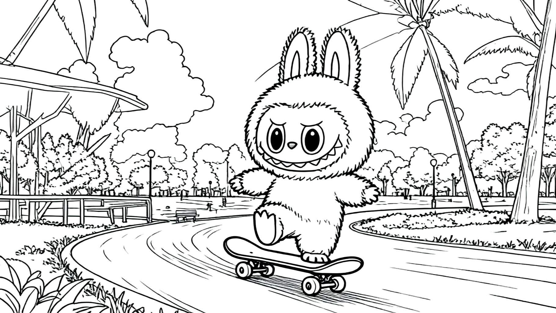 Zwart-wit kleurplaat van Labubu, een pluizig konijnachtig wezentje met lange oren, een brede glimlach, en een harig pak, skateboardend door een park met veel bomen, palmbomen, bankjes en lantaarnpalen.