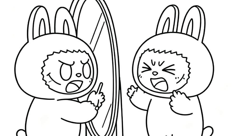 Zwart-wit Labubu kleurplaat van een boos konijn in een hoodie dat naar zijn nog bozer reflectie in een ovale spiegel kijkt, wijzend naar het spiegelbeeld.