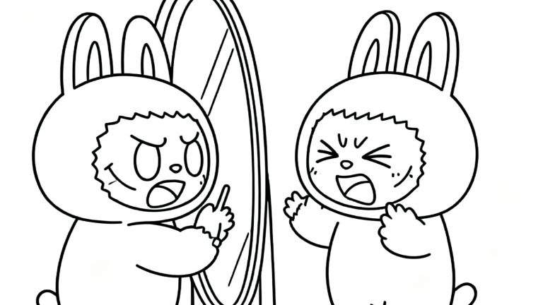 Zwart-wit Labubu kleurplaat van een boos konijn in een hoodie dat naar zijn nog bozer reflectie in een ovale spiegel kijkt, wijzend naar het spiegelbeeld.