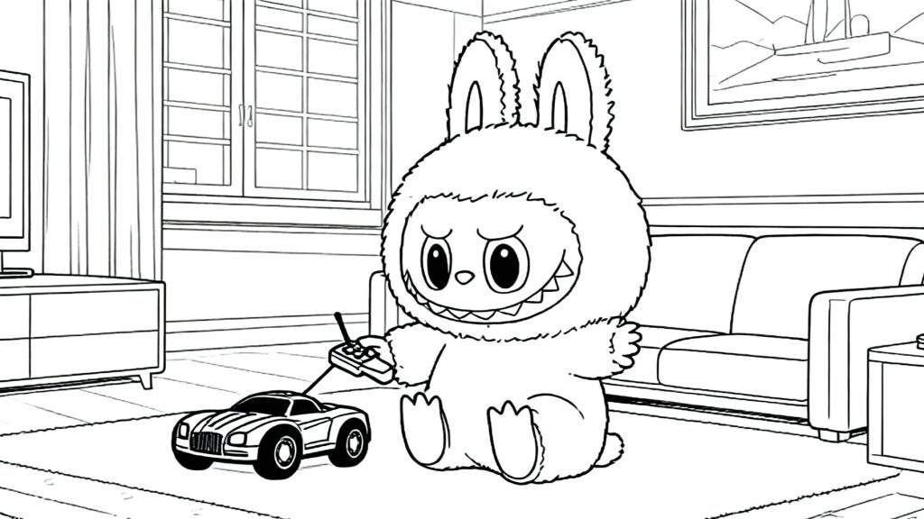 Zwart-wit kleurplaat van Labubu in een konijnenpak, zittend op een vloerkleed, met een afstandsbediening die verbonden is met een bestuurbare auto. Rechts een bank, links een tv en raam in een woonkamer setting.