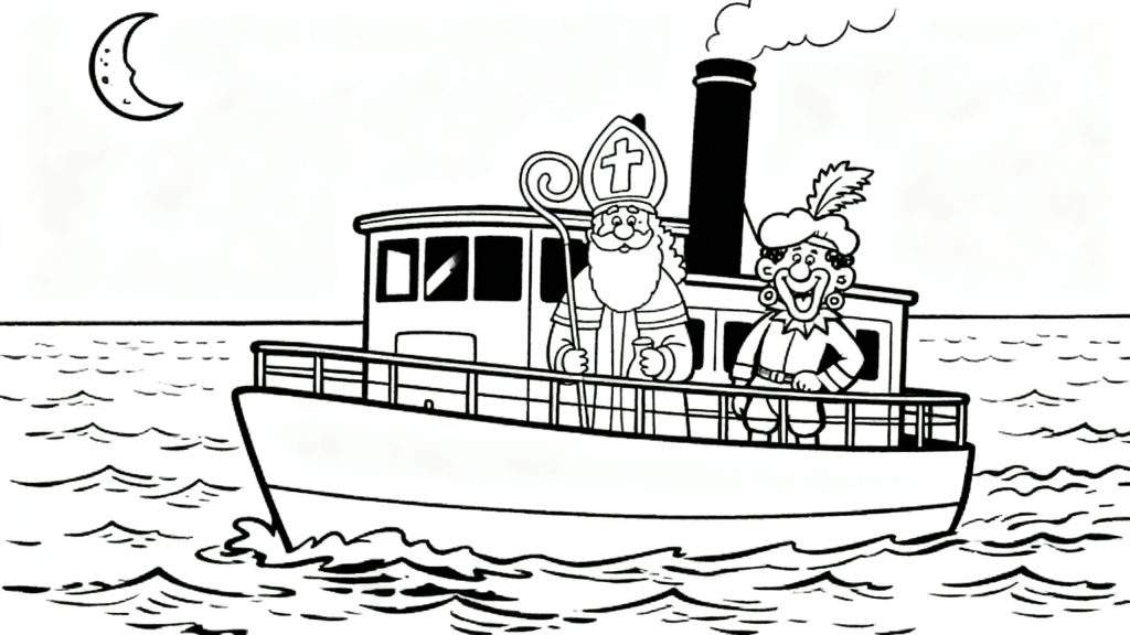 Kleurplaat van Sinterklaas en Zwarte Piet op de stoomboot, varend onder een maansikkel door golvend water.