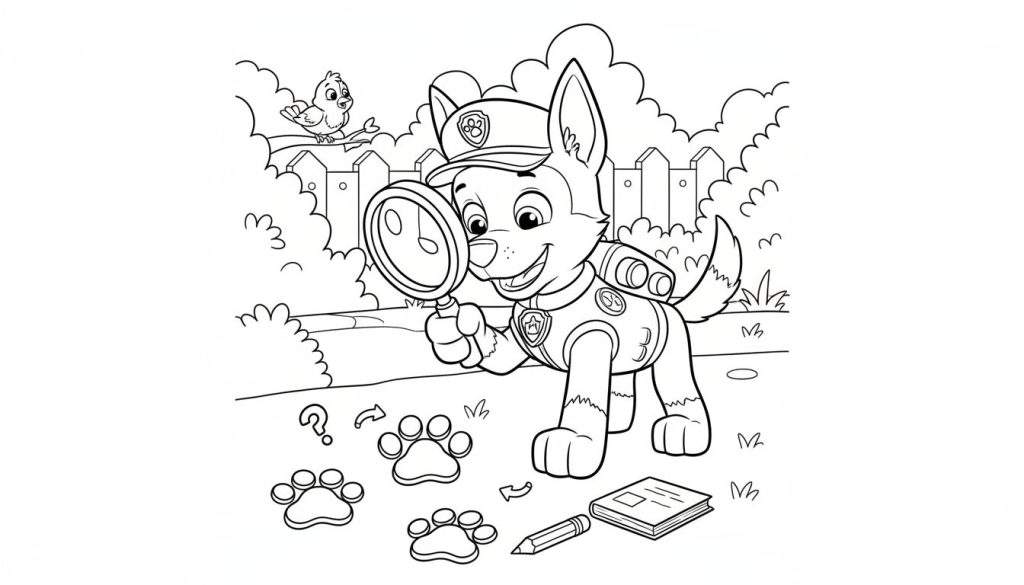 Kleurplaat van Chase (Paw Patrol-achtige hond) in politie-uniform die met een vergrootglas sporen onderzoekt. Een vogel kijkt toe vanaf een hek. Op de grond liggen pootafdrukken, een vraagteken, een boek en een potlood.