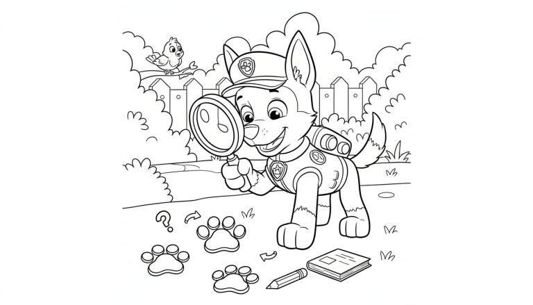 Kleurplaat van Chase (Paw Patrol-achtige hond) in politie-uniform die met een vergrootglas sporen onderzoekt. Een vogel kijkt toe vanaf een hek. Op de grond liggen pootafdrukken, een vraagteken, een boek en een potlood.