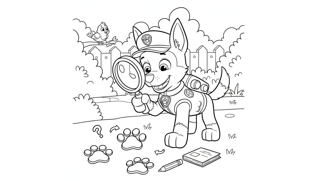 Kleurplaat van Chase (Paw Patrol-achtige hond) in politie-uniform die met een vergrootglas sporen onderzoekt. Een vogel kijkt toe vanaf een hek. Op de grond liggen pootafdrukken, een vraagteken, een boek en een potlood.