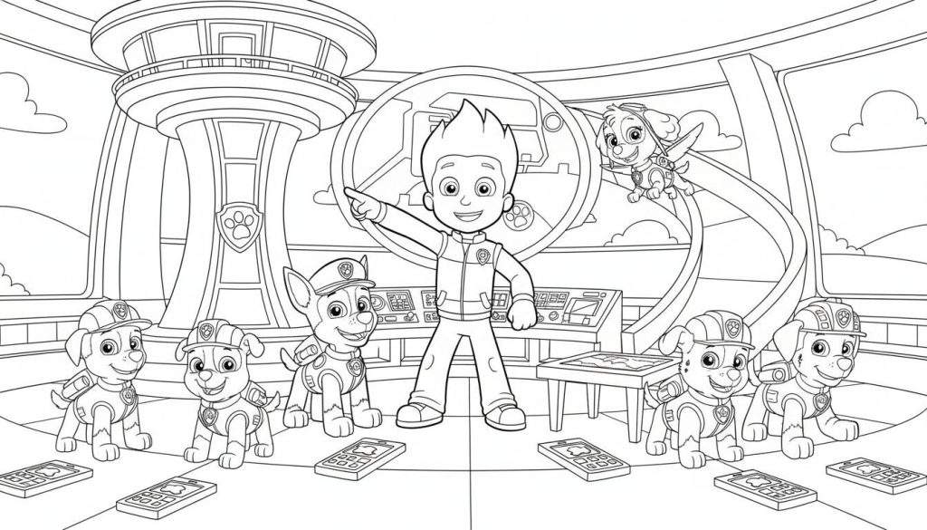 Kleurplaat van Paw Patrol met Ryder, zes glimlachende pups (Marshall, Rubble, Chase, Zuma, Rocky en een pup met bouwhelm) en vliegende Skye in de hoge, futuristische uitkijkpost met consoles en wolken op de achtergrond.
