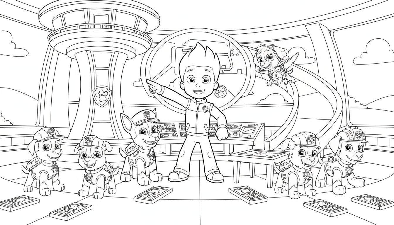 Kleurplaat van Paw Patrol met Ryder, zes glimlachende pups (Marshall, Rubble, Chase, Zuma, Rocky en een pup met bouwhelm) en vliegende Skye in de hoge, futuristische uitkijkpost met consoles en wolken op de achtergrond.