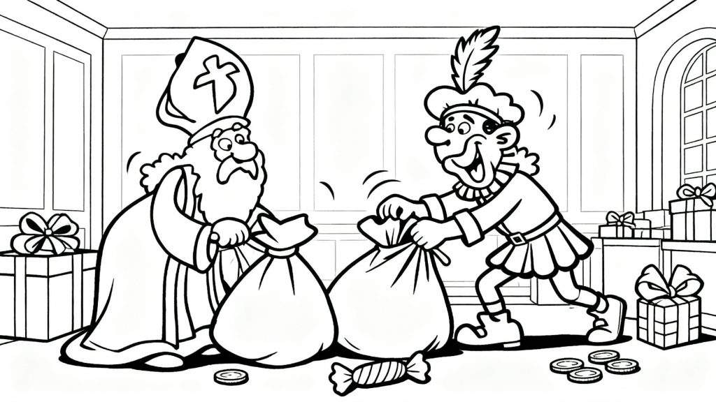 Kleurplaat van Sinterklaas en Zwarte Piet in een kamer vol cadeaus. Sinterklaas zit met mijter en zak, Zwarte Piet staat lachend met veer en zak. Op de grond liggen snoepjes en munten. Kamer met boograam en stapels ingepakte cadeaus op de achtergrond.