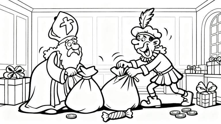 Kleurplaat van Sinterklaas en Zwarte Piet in een kamer vol cadeaus. Sinterklaas zit met mijter en zak, Zwarte Piet staat lachend met veer en zak. Op de grond liggen snoepjes en munten. Kamer met boograam en stapels ingepakte cadeaus op de achtergrond.