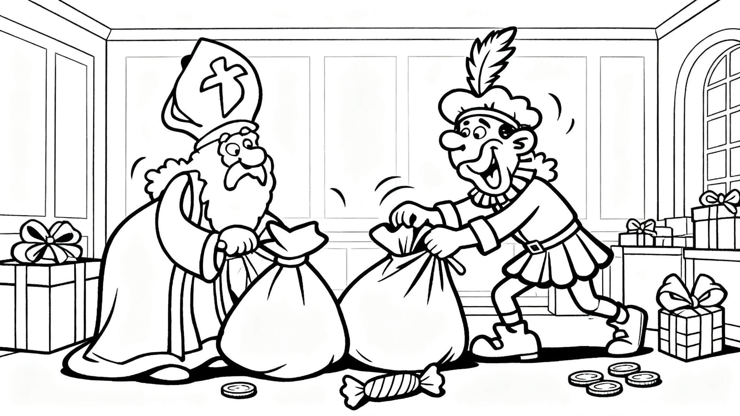 Kleurplaat van Sinterklaas en Zwarte Piet in een kamer vol cadeaus. Sinterklaas zit met mijter en zak, Zwarte Piet staat lachend met veer en zak. Op de grond liggen snoepjes en munten. Kamer met boograam en stapels ingepakte cadeaus op de achtergrond.