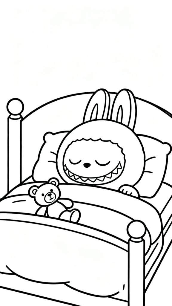 Zwart-wit kleurplaat van Labubu die vredig in bed slaapt, met grote oren en een klein teddybeertje naast zich onder de deken.