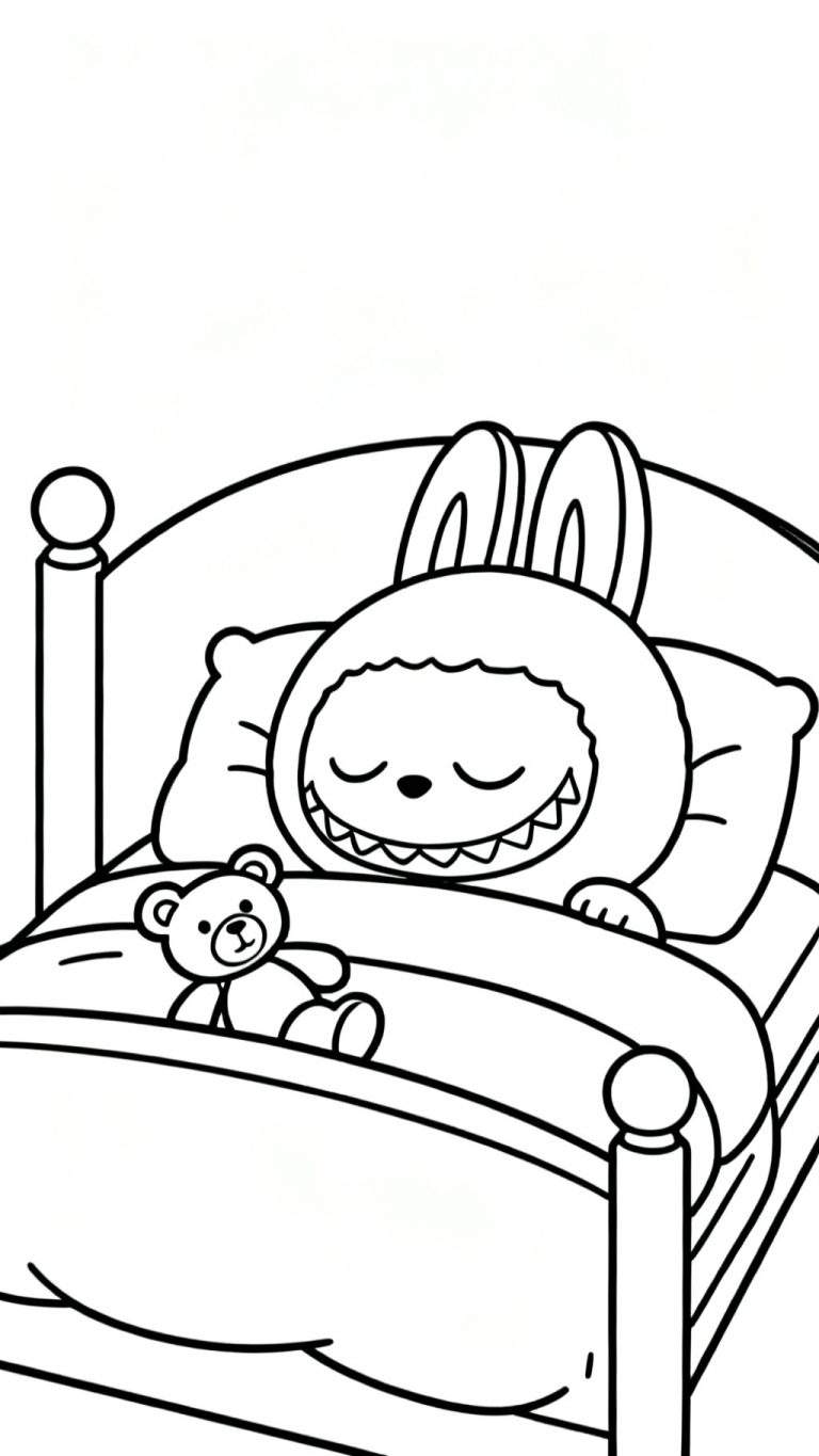 Zwart-wit kleurplaat van Labubu die vredig in bed slaapt, met grote oren en een klein teddybeertje naast zich onder de deken.