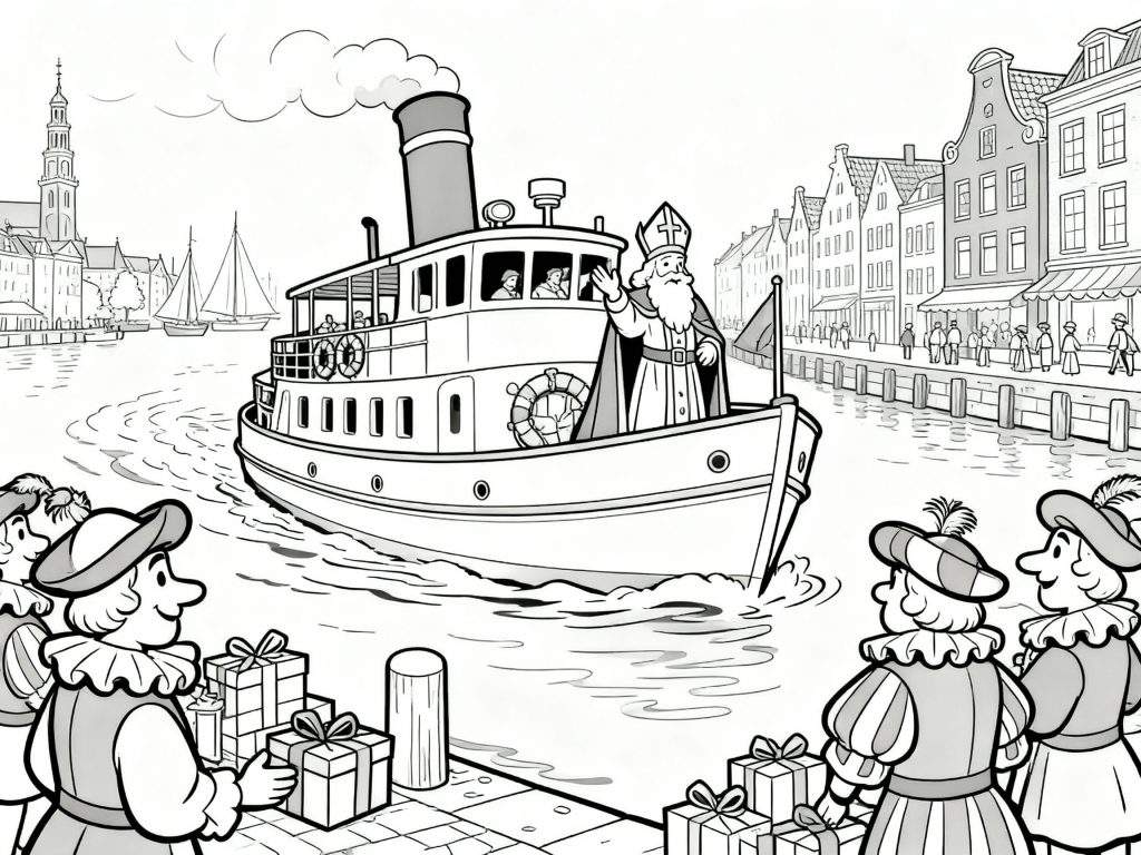 Zwart-wit kleurplaat van de aankomst van Sinterklaas per stoomboot. Sinterklaas staat op het dek en zwaait naar een menigte van kinderen, volwassenen en Pieten op de kade. Op de kade liggen stapels cadeautjes. Achter de kade zijn grachtenpanden en een kerktoren te zien. Op het water liggen ook zeilboten.