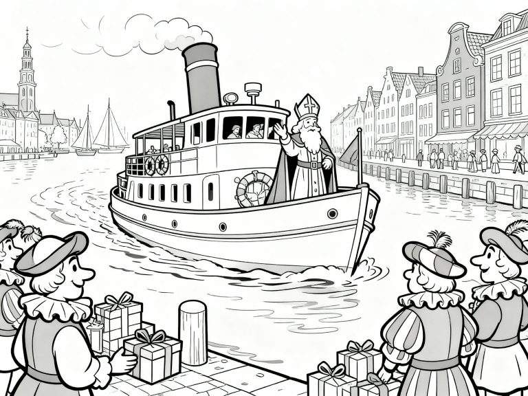 Zwart-wit kleurplaat van de aankomst van Sinterklaas per stoomboot. Sinterklaas staat op het dek en zwaait naar een menigte van kinderen, volwassenen en Pieten op de kade. Op de kade liggen stapels cadeautjes. Achter de kade zijn grachtenpanden en een kerktoren te zien. Op het water liggen ook zeilboten.
