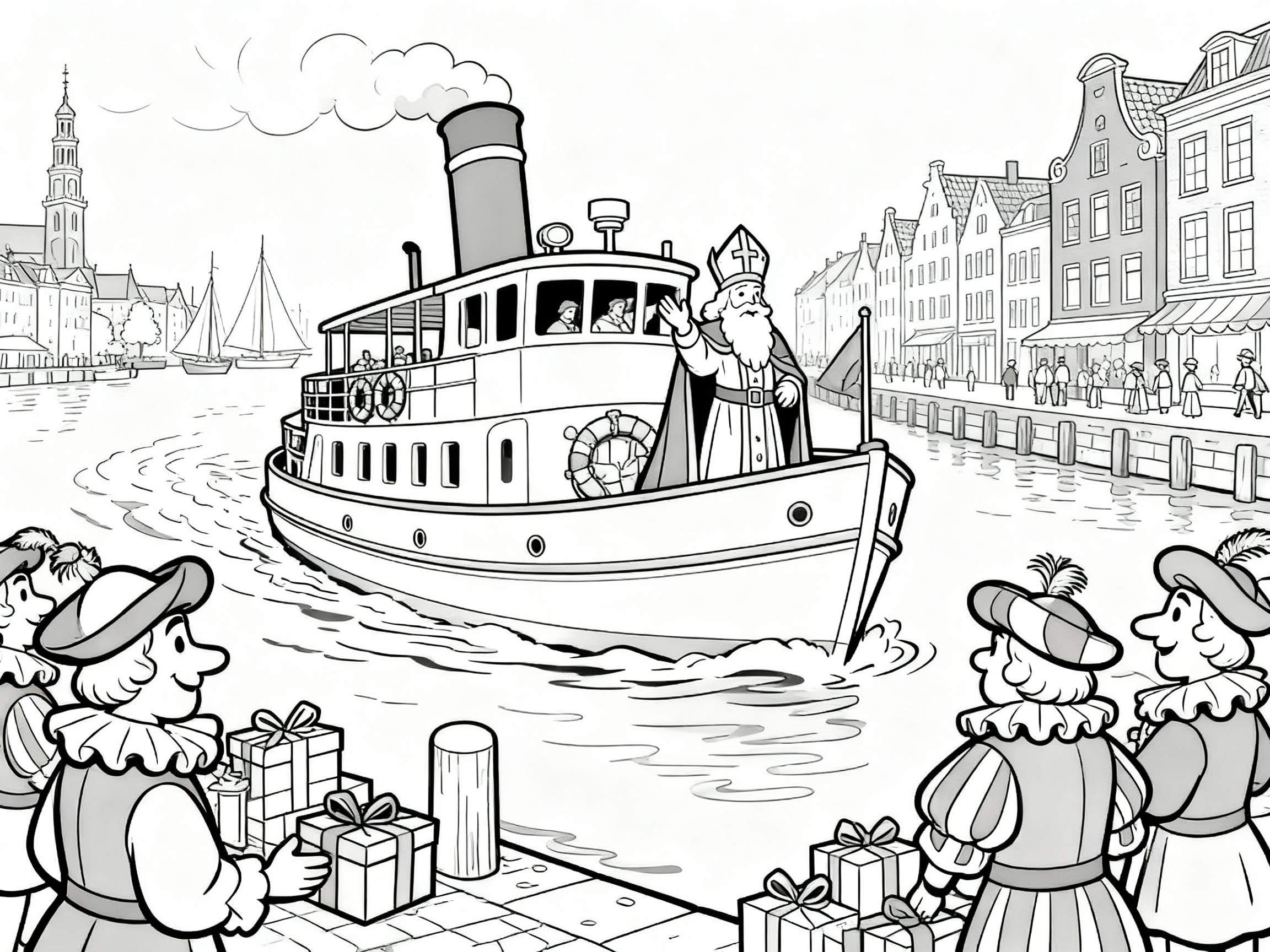 Zwart-wit kleurplaat van de aankomst van Sinterklaas per stoomboot. Sinterklaas staat op het dek en zwaait naar een menigte van kinderen, volwassenen en Pieten op de kade. Op de kade liggen stapels cadeautjes. Achter de kade zijn grachtenpanden en een kerktoren te zien. Op het water liggen ook zeilb