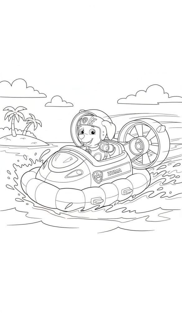 Zwart-wit kleurplaat van Zuma van Paw Patrol in zijn hovercraft, varend over water met opspattende golven. Op de achtergrond een tropisch eiland met palmbomen en wolken. Zijn naam 'ZUMA' en het Paw Patrol logo zijn zichtbaar op het voertuig.