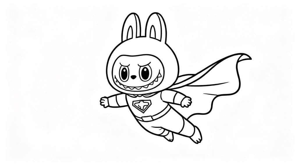 Zwart-witte lijntekening van Labubu als vliegende superheld, met lange oren, cape, schildsymbool en een ondeugende glimlach.