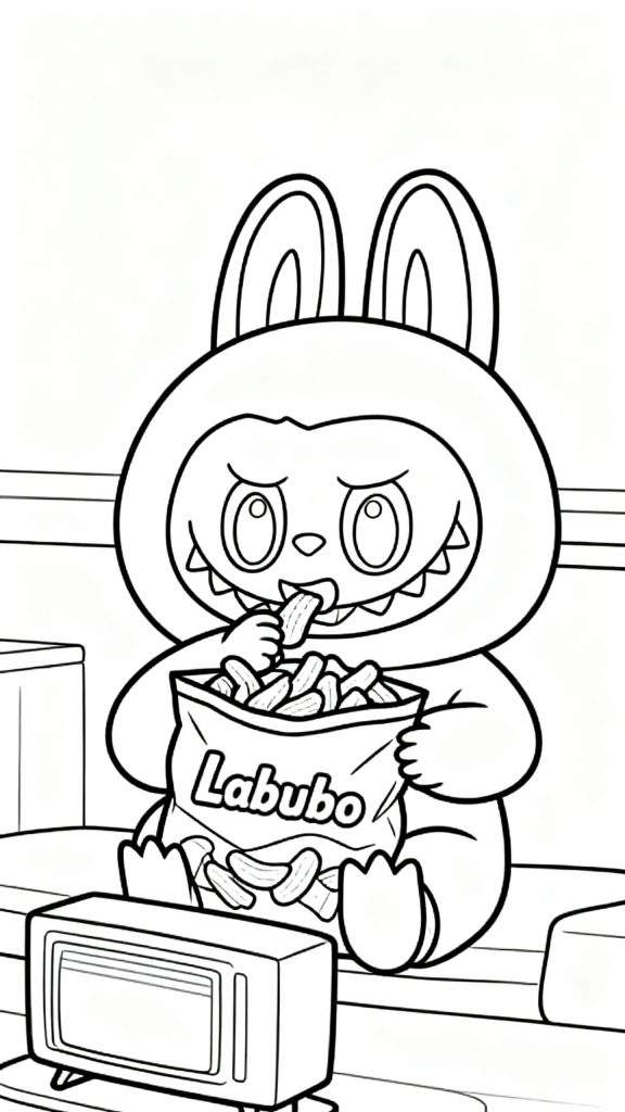 Zwart-wit Labubu kleurplaat: Ondeugend figuur met konijnenoren hoodie eet chips uit 'Labubo' zak voor een retro tv, zittend in een kamer.