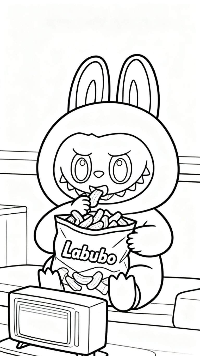Zwart-wit Labubu kleurplaat: Ondeugend figuur met konijnenoren hoodie eet chips uit 'Labubo' zak voor een retro tv, zittend in een kamer.