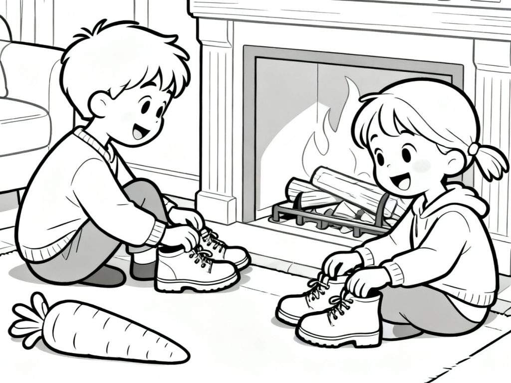 Kleurplaat van twee lachende kinderen, een jongen en een meisje, die bij een open haard hun schoenen klaarmaken. Een grote wortel ligt op de vloer, symbolisch voor Sinterklaas.