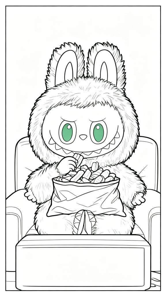 Labubu kleurplaat: harig monster met groene ogen en scherpe tanden, zittend in een fauteuil, snacks etend uit een zak. Zwart-wit lijntekening, behalve de groene ogen.