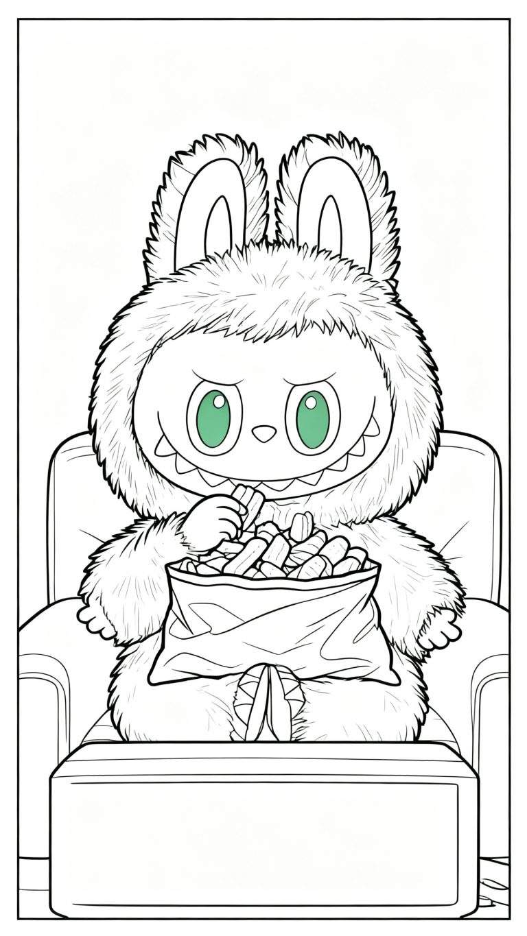 Labubu kleurplaat: harig monster met groene ogen en scherpe tanden, zittend in een fauteuil, snacks etend uit een zak. Zwart-wit lijntekening, behalve de groene ogen.