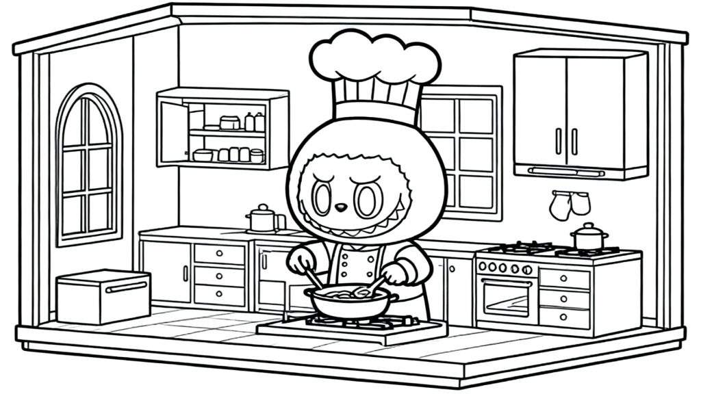 Zwart-wit kleurplaat van Labubu als chef-kok in een keuken. Labubu roert met twee lepels in een pan op een fornuis, omringd door aanrechten, kastjes, een raam en een tegelvloer.