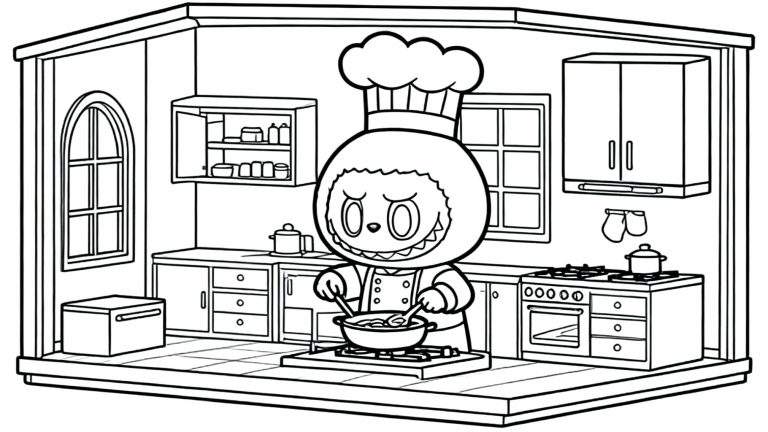 Zwart-wit kleurplaat van Labubu als chef-kok in een keuken. Labubu roert met twee lepels in een pan op een fornuis, omringd door aanrechten, kastjes, een raam en een tegelvloer.