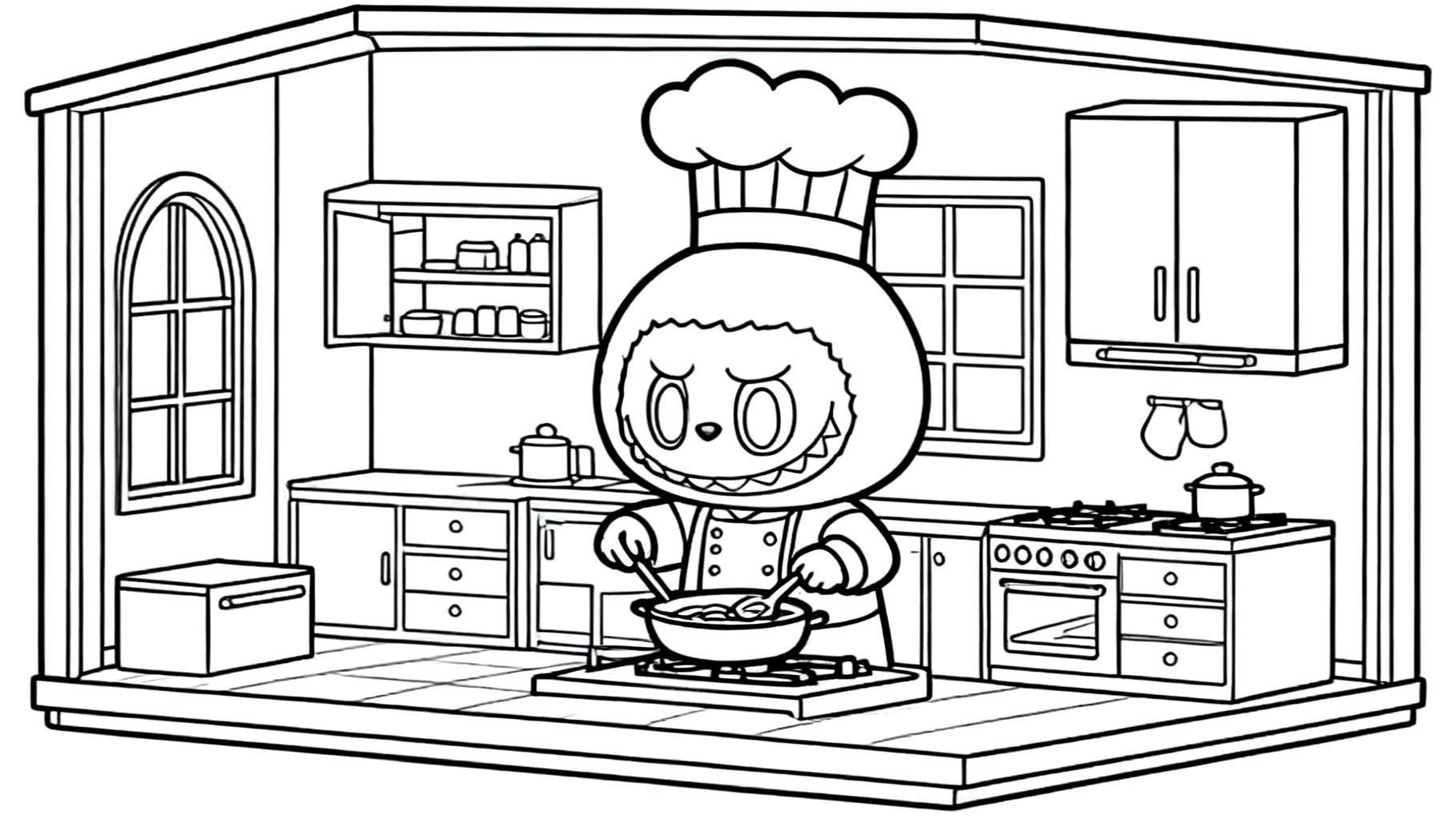 Zwart-wit kleurplaat van Labubu als chef-kok in een keuken. Labubu roert met twee lepels in een pan op een fornuis, omringd door aanrechten, kastjes, een raam en een tegelvloer.