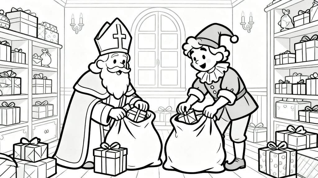 Zwart-wit kleurplaat van Sinterklaas en Piet die samen cadeaus in grote zakken pakken in een pakhuis vol geschenken, met een raam en wandkandelaren op de achtergrond.