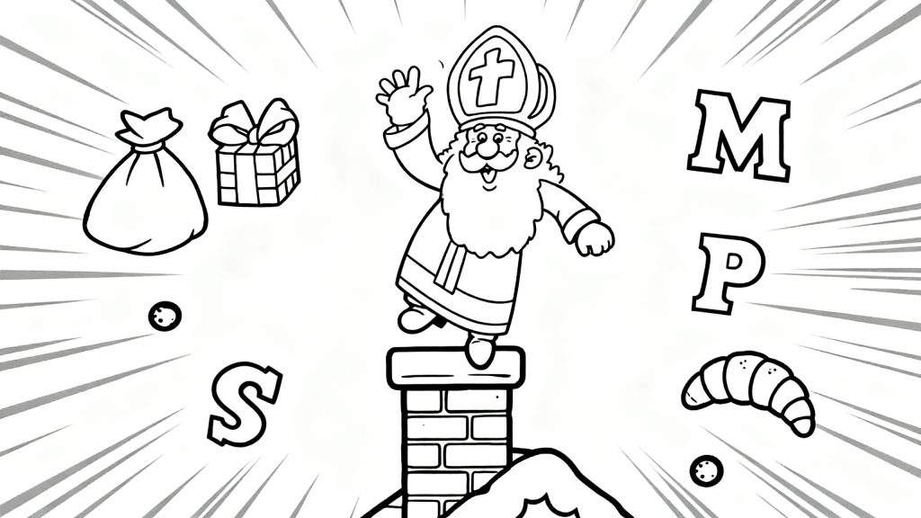 Kleurplaat van vrolijk zwaaiende Sinterklaas op een schoorsteen met cadeauzak, ingepakt cadeau, pepernoten, speculaasbroodje en de letters S, M, P.