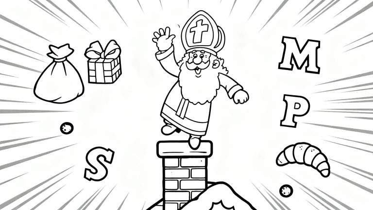 Kleurplaat van vrolijk zwaaiende Sinterklaas op een schoorsteen met cadeauzak, ingepakt cadeau, pepernoten, speculaasbroodje en de letters S, M, P.