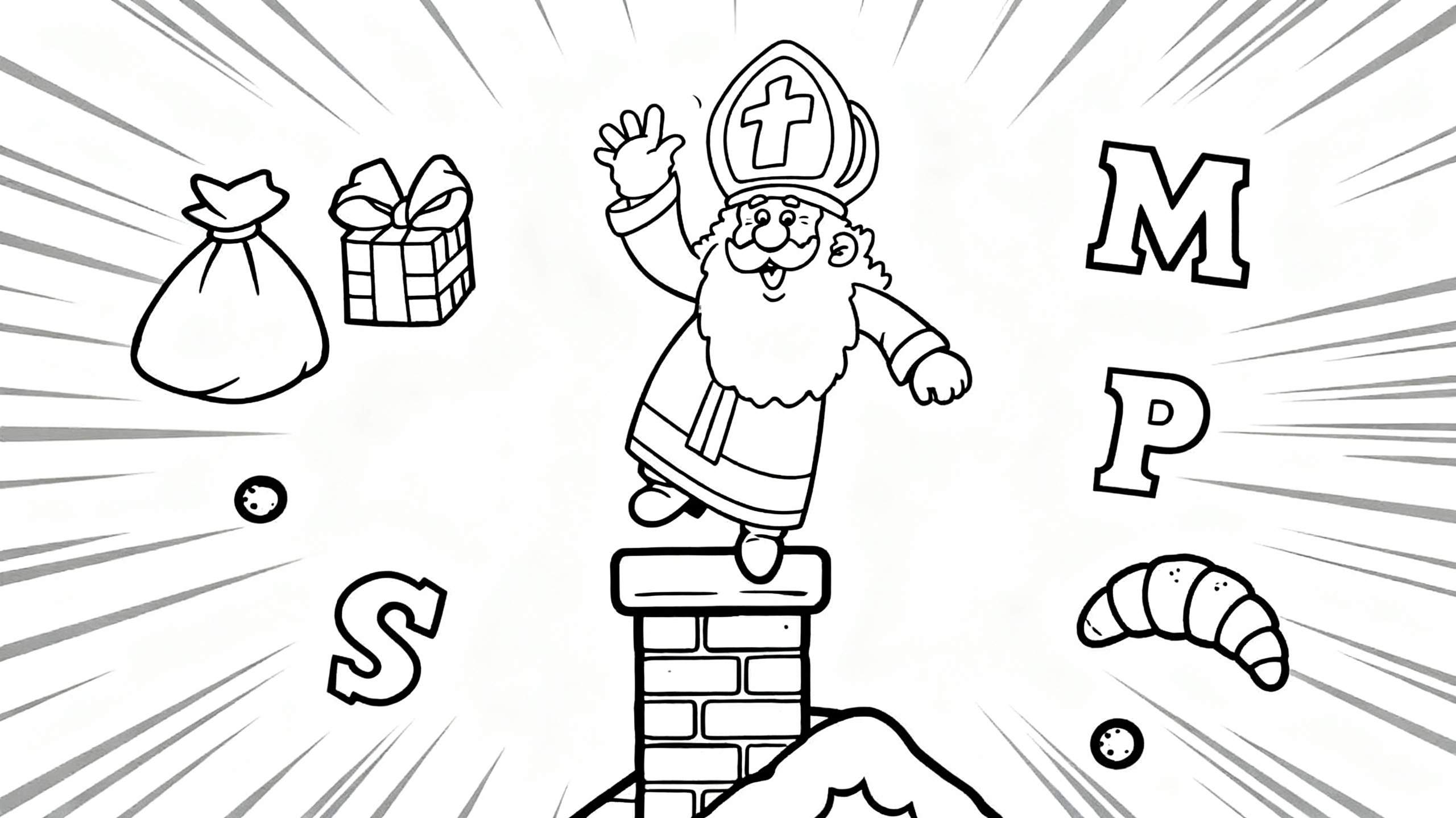 Kleurplaat van vrolijk zwaaiende Sinterklaas op een schoorsteen met cadeauzak, ingepakt cadeau, pepernoten, speculaasbroodje en de letters S, M, P.