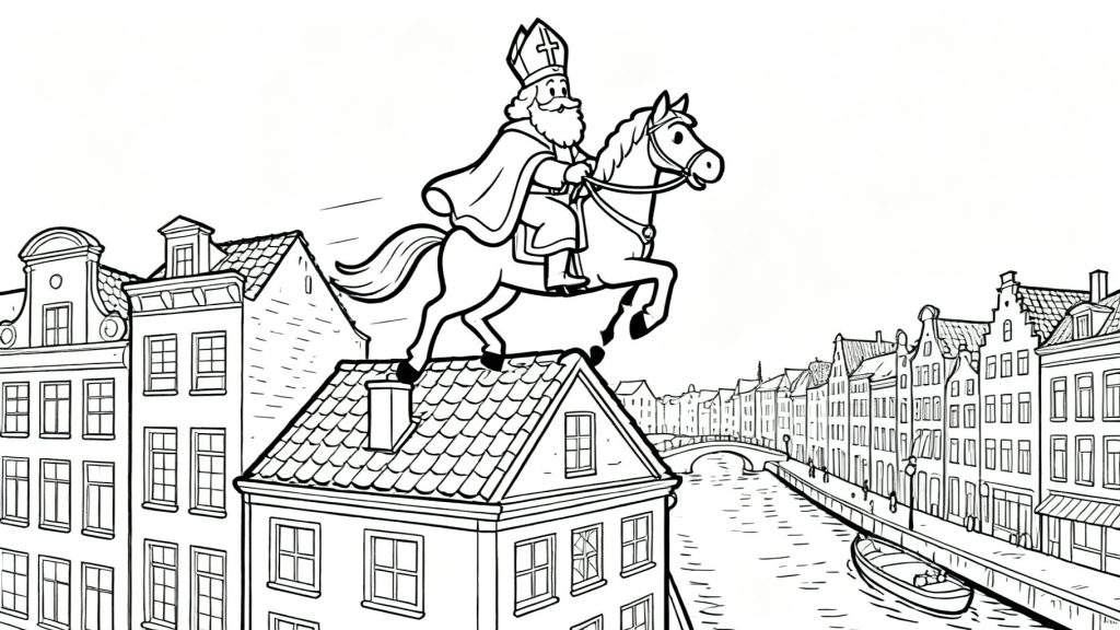 Kleurplaat van Sinterklaas op witte paard Amerigo springend over daken van grachtenpanden, met gracht, bootje en brug op de voorgrond.