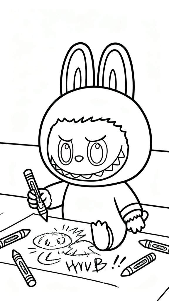 Zwart-wit kleurplaat van Labubu in een konijnenpak, zittend en tekenend met een krijtje op papier waarop 'HYVB!!' en een zonnetje staan. Meerdere krijtjes liggen verspreid.