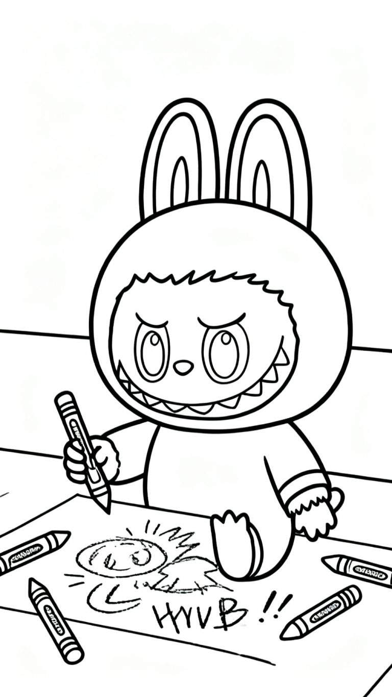 Zwart-wit kleurplaat van Labubu in een konijnenpak, zittend en tekenend met een krijtje op papier waarop 'HYVB!!' en een zonnetje staan. Meerdere krijtjes liggen verspreid.