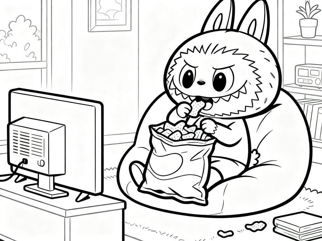 Zwart-wit kleurplaat van Labubu, een pluizig monster, dat in een zitzak chips eet voor een flatscreen tv. Naast de tv staat een spelcomputer, en in de kamer zijn een raam en een boekenplank zichtbaar. Chipskruimels liggen op de vloer.