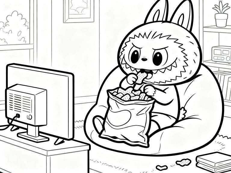 Zwart-wit kleurplaat van Labubu, een pluizig monster, dat in een zitzak chips eet voor een flatscreen tv. Naast de tv staat een spelcomputer, en in de kamer zijn een raam en een boekenplank zichtbaar. Chipskruimels liggen op de vloer.