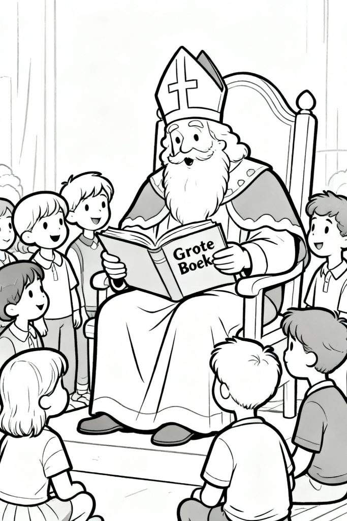 Zwart-wit kleurplaat van Sinterklaas op een versierde troon, voorlezend uit het Grote Boek aan een groep aandachtig luisterende kinderen met verschillende haarstijlen en houdingen.