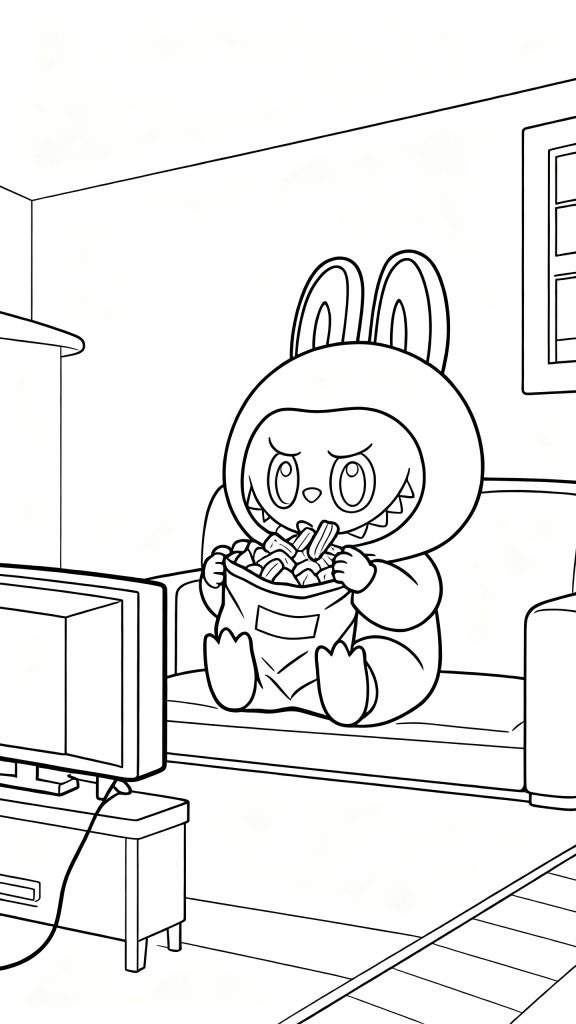 Zwart-wit kleurplaat van Labubu-figuur in een konijnenpak op een bank, etend uit een zak snacks terwijl het naar een televisie kijkt in een knusse woonkamer. Een raam en een plank zijn ook zichtbaar.