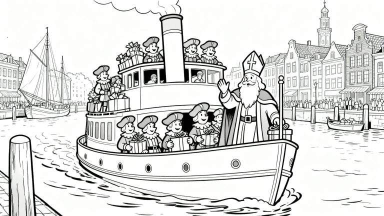 Zwart-wit kleurplaat van Sinterklaas die aankomt met zijn stoomboot in een Nederlandse stad. Sinterklaas zwaait, omringd door Pieten met cadeautjes. Op de achtergrond grachtenpanden en een kerktoren, en mensen langs de kade.