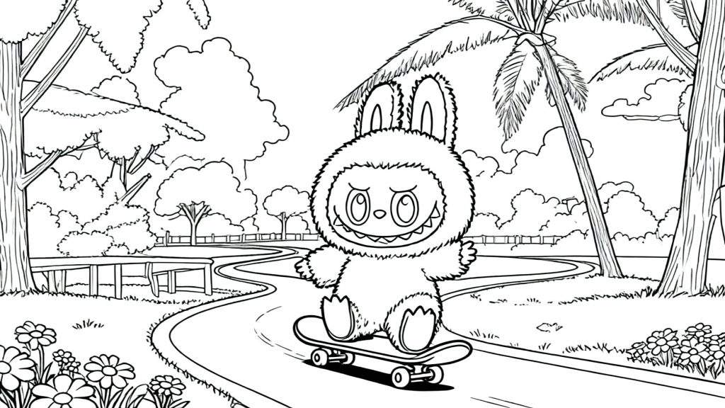 Zwart-wit kleurplaat van Labubu, een konijnachtig wezen met grote oren en een glimlach, rijdend op een skateboard in een groen park met bloemen, bomen, palmbomen en een hek op de achtergrond.