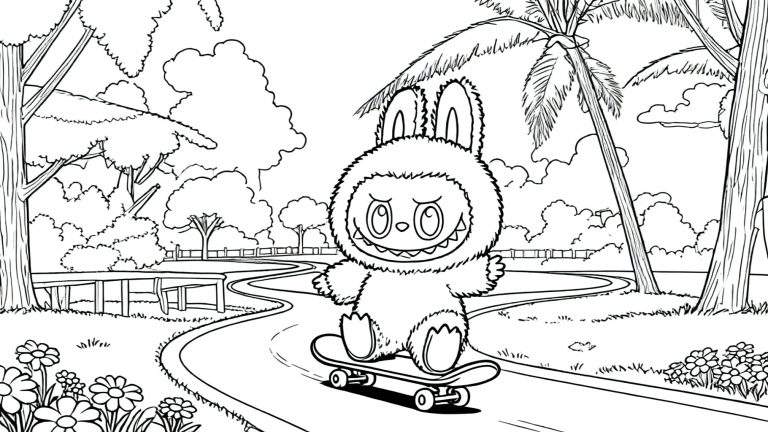 Zwart-wit kleurplaat van Labubu, een konijnachtig wezen met grote oren en een glimlach, rijdend op een skateboard in een groen park met bloemen, bomen, palmbomen en een hek op de achtergrond.