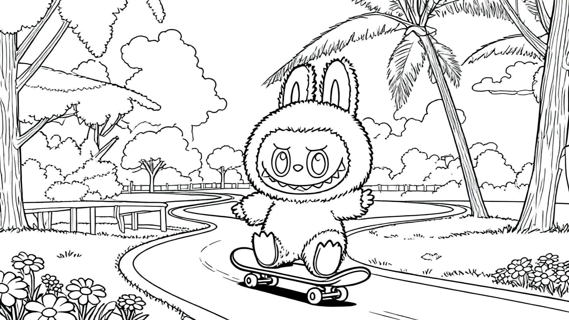 Zwart-wit kleurplaat van Labubu, een konijnachtig wezen met grote oren en een glimlach, rijdend op een skateboard in een groen park met bloemen, bomen, palmbomen en een hek op de achtergrond.