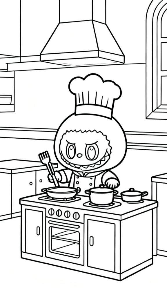 Zwart-wit Labubu kok kleurplaat in een gedetailleerde keuken, roerend in een koekenpan op een fornuis met meerdere potten, een oven en een raam.