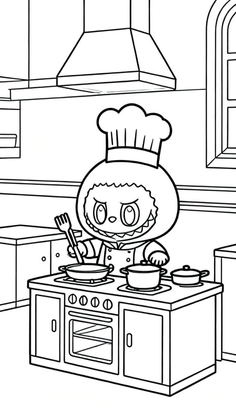 Zwart-wit Labubu kok kleurplaat in een gedetailleerde keuken, roerend in een koekenpan op een fornuis met meerdere potten, een oven en een raam.