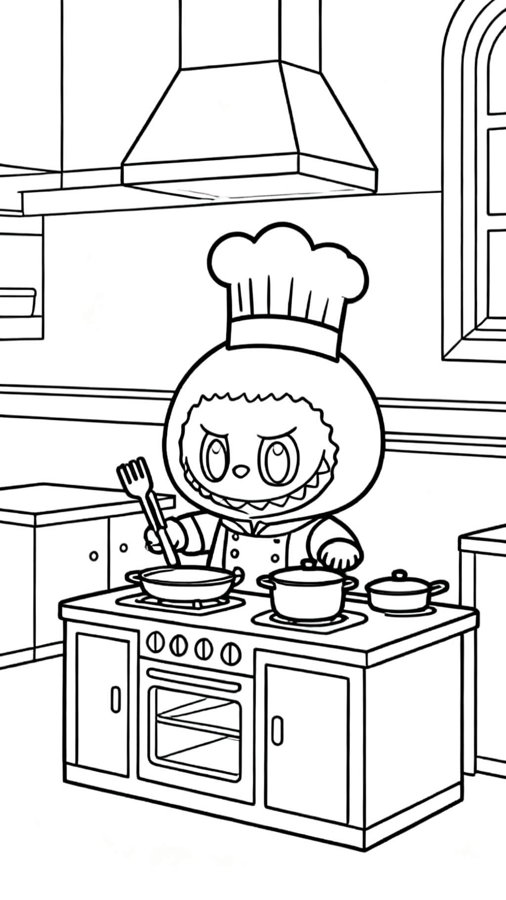 Zwart-wit Labubu kok kleurplaat in een gedetailleerde keuken, roerend in een koekenpan op een fornuis met meerdere potten, een oven en een raam.