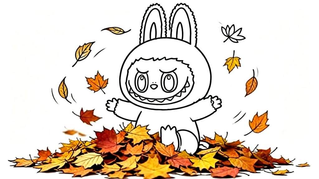 Kleurplaat van ondeugend Labubu figuur met konijnenoren, zittend in een hoop kleurrijke herfstbladeren. Labubu is zwart-wit en klaar om in te kleuren, omringd door geel, oranje en rode herfstbladeren die in de lucht dwarrelen.