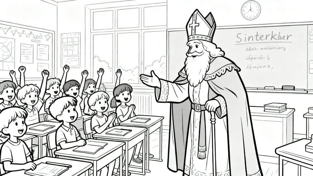 Kleurplaat van Sinterklaas in een klaslokaal, omringd door lachende kinderen die hun handen opsteken.