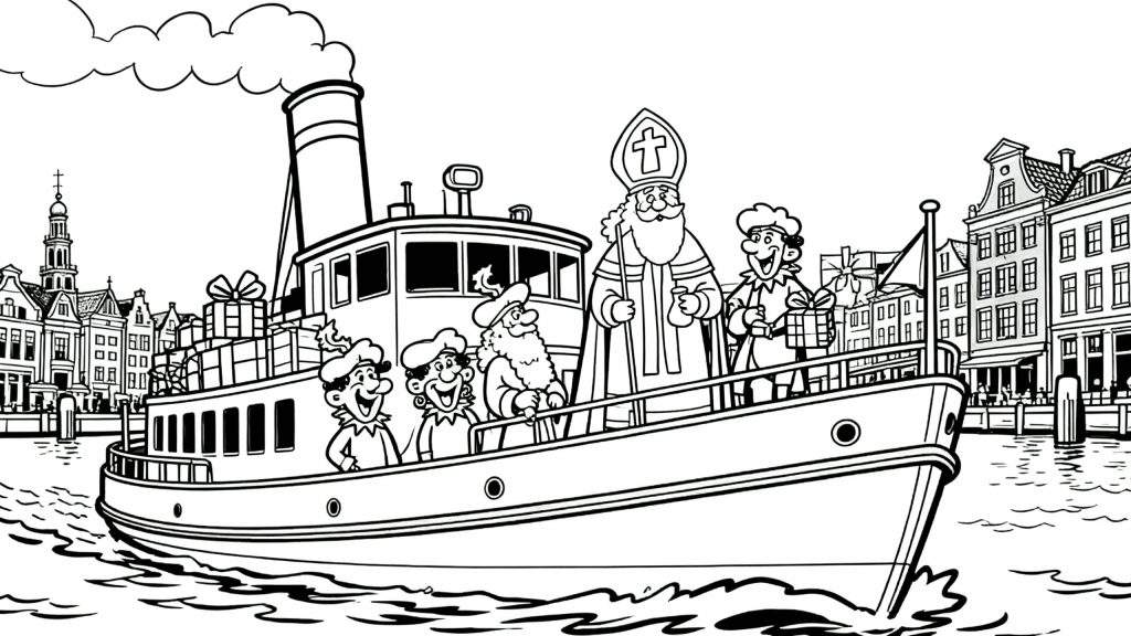 Kleurplaat van Sinterklaas op zijn stoomboot vol cadeaus, omringd door Pieten, varend door een Nederlandse stad met grachtenpanden en kerktoren.